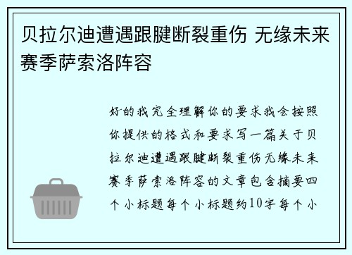 贝拉尔迪遭遇跟腱断裂重伤 无缘未来赛季萨索洛阵容 贝拉尔迪遭遇跟腱断裂重伤 无缘未来赛季萨索洛阵容