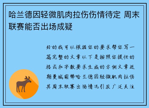 哈兰德因轻微肌肉拉伤伤情待定 周末联赛能否出场成疑