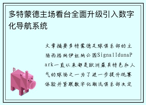 多特蒙德主场看台全面升级引入数字化导航系统